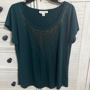Coldwater Creek Teal Scoop Neck Short Sleeve Top with Embellished Yoke